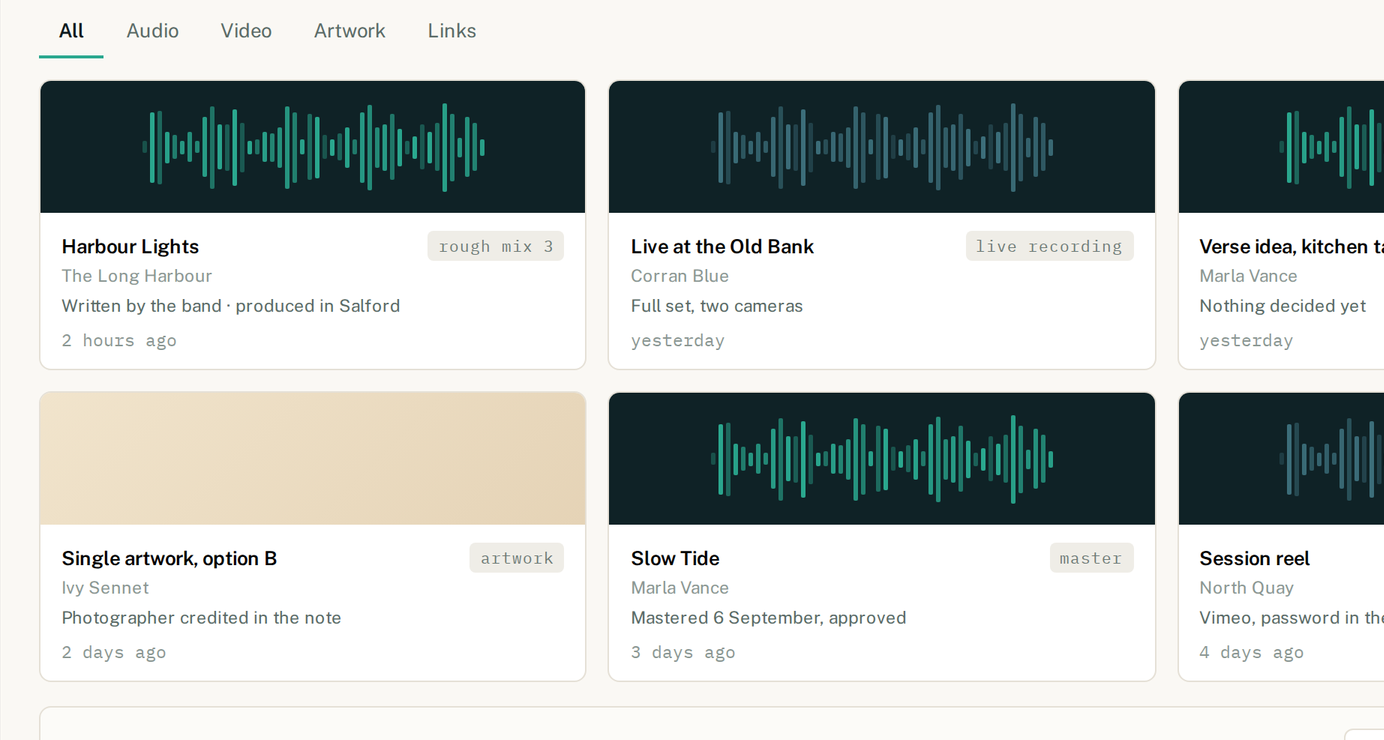 Recent audio, video and artwork across the roster, each with what it is, the credits and a note
