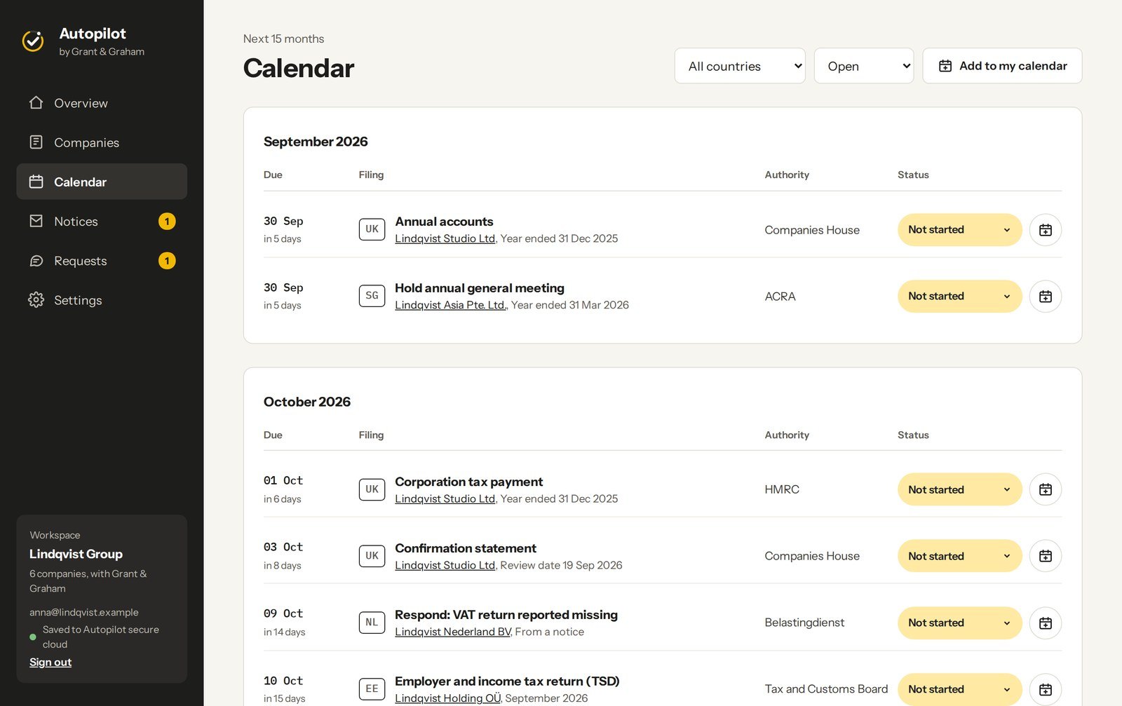 The Autopilot calendar listing September and October 2026 deadlines across UK, Singapore, Netherlands and Estonia companies