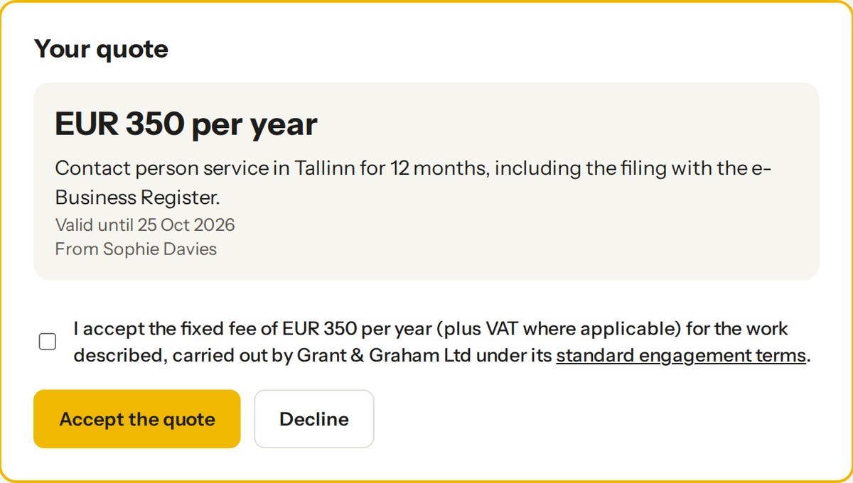 A fixed fee quote in Autopilot for a contact person service in Tallinn, with accept and decline buttons